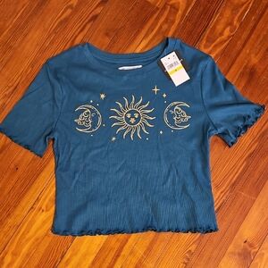 NWT GRAYSON THREADS Teal Sun and Moon Graphic Cropped Tee- M